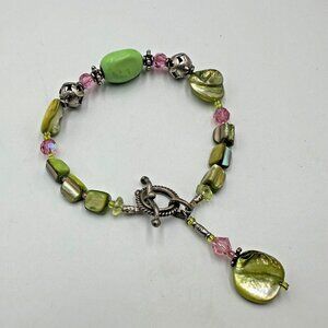 Artisan Bracelet Green Shell Beads Pink Crystal Accents Sterling Silver Toggle